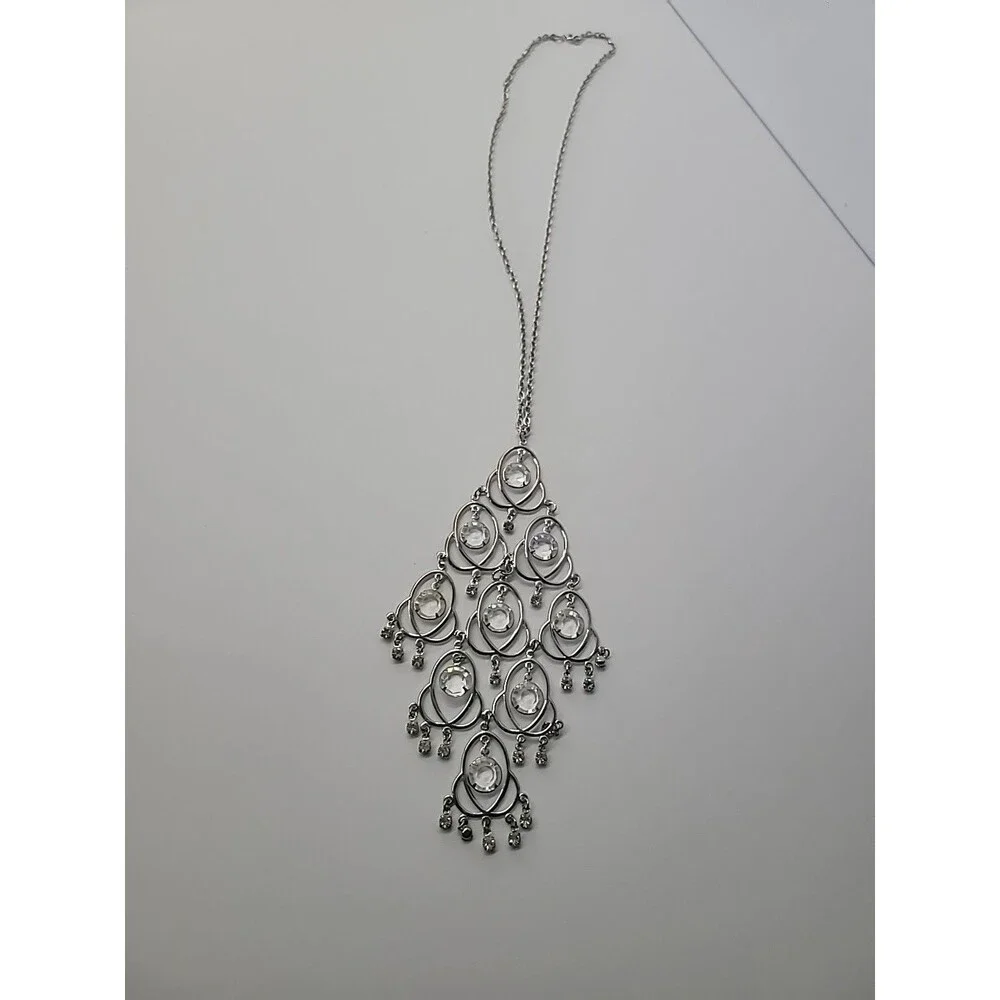 Silver‎ Tone Chandelier Necklace Clear Rhinestone Statement Dangle Bib Necklace